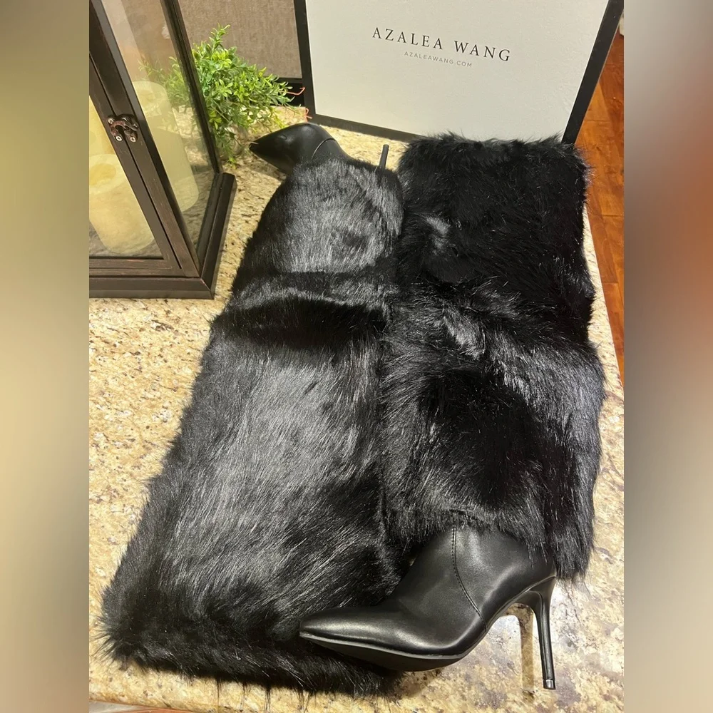 AZALEA WANG Langleye Black Faux Fur Over The Knee Stiletto Boots 6.5